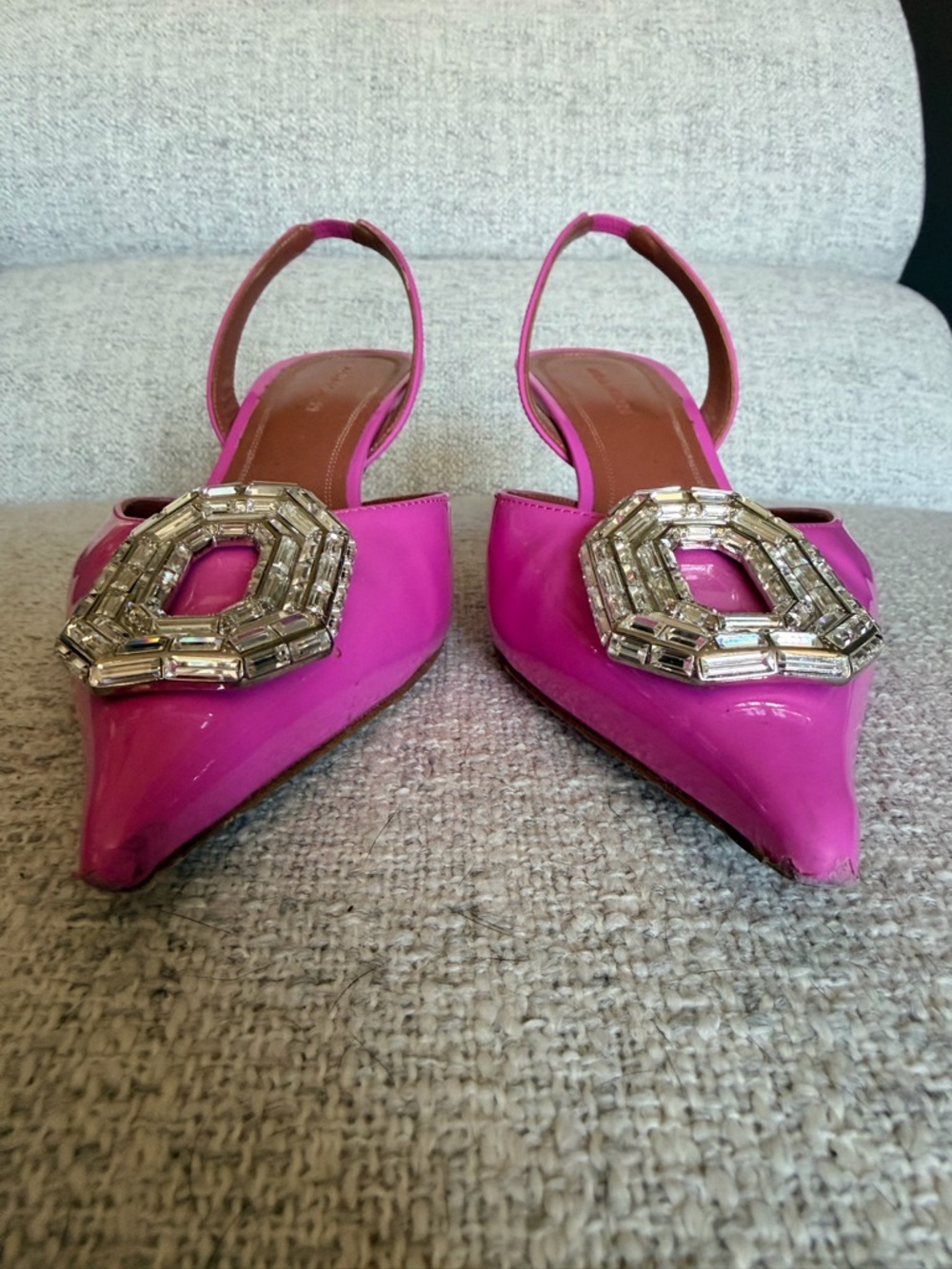 Amina Muaddi Hot Pink Patent Slingback Pumps with Crystal Octagon - Picture 2 of 6